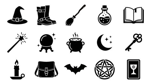 Set of black silhouette magic icons and witchcraft supplies with witchcraft