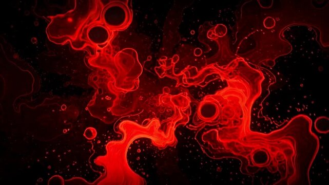 Abstract red liquid swirling with glowing patterns in dark background vibrant artistic flow