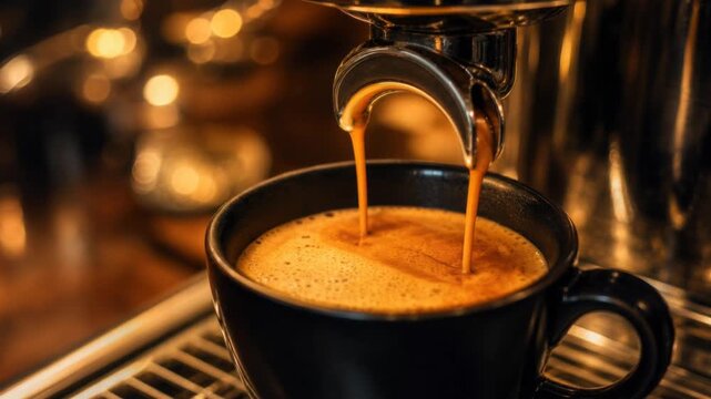 Freshly brewed espresso coffee pouring into a black cup with rich crema and warm lighting