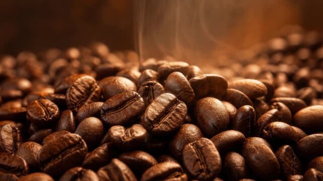 Close up of fresh roasted coffee beans with rising steam for aromatic rich flavor and warm beverage