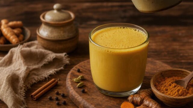 Golden turmeric latte being poured into a glass with fresh spices on rustic wooden table
