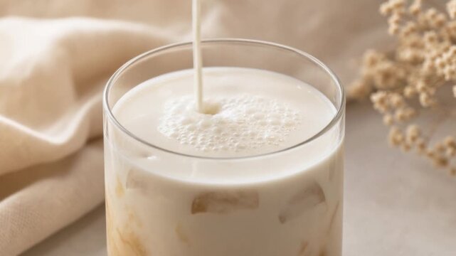 Refreshing creamy iced milk drink poured into glass with ice cubes and soft background