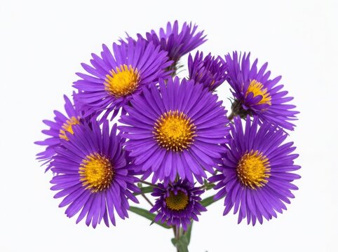 Beautiful vibrant purple aster flowers with yellow centers blooming in a fresh spring bouquet