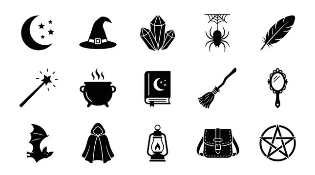 Set of witchcraft magic icons and mystical occult symbols with witchcraft
