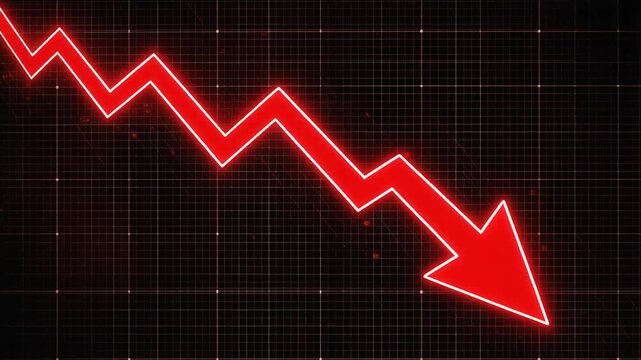 Red glowing arrow pointing downwards symbolizing financial decline and economic loss on black grid background