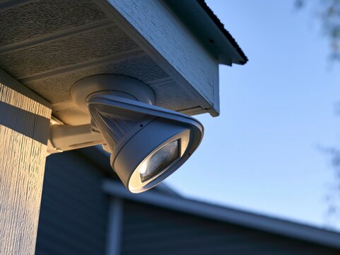 Weatherproof exterior floodlight fixture head mounted on an eave at dusk against a plain soffit with no visible branding