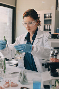 Scientists in lab coats work with plants in a modern lab, focusing on research and experimentation under bright, sterile conditions.
