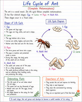 Educational diagram showing the complete life cycle of an ant from egg to adult insect