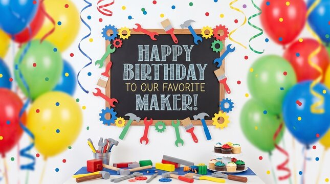 Colorful birthday party setup with tools, balloons, cupcakes, confetti, and a chalkboard message. Ideal for celebration, DIY, maker, and family event concepts