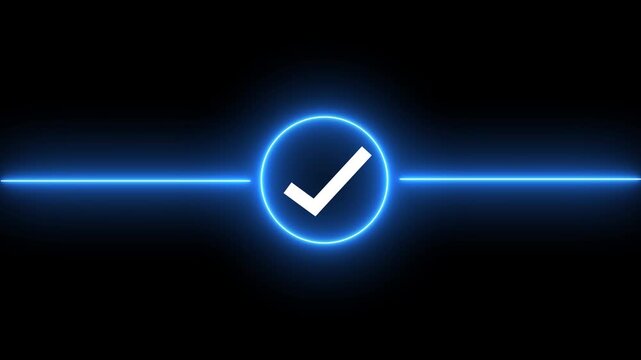 blue Neon Check Mark Circle Icon Animation Glowing Success Approved Line Symbol Loop Isolated Black Background Motion Graphic Video