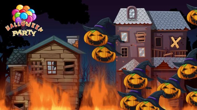 Animated Halloween Background with Burning Houses and Floating Jack-O-Lantern Pumpkins
