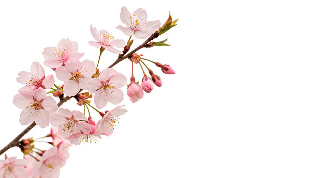 Beautiful spring sakura cherry blossom branch with pink blooming flowers isolated on transparent background cut out