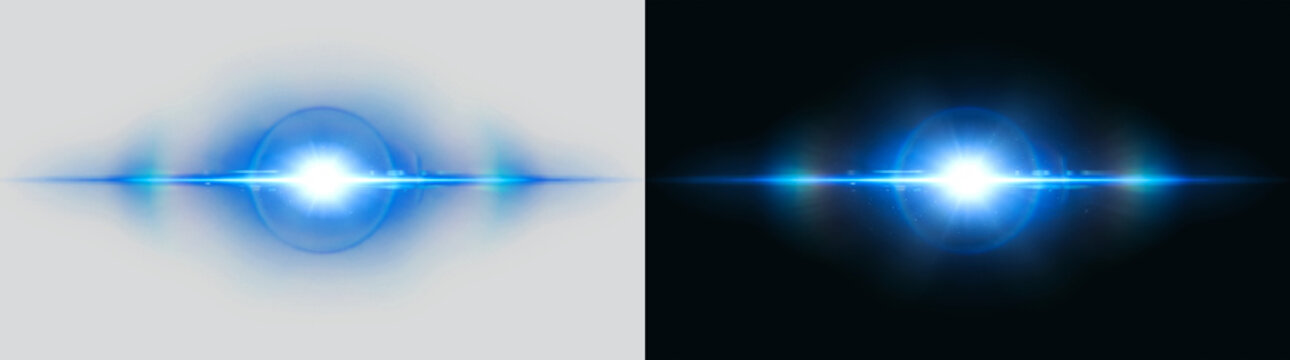 Anamorphic Blue Lens Flare Light Effect Overlay, Futuristic Sci-Fi Glowing Starburst on Black Background