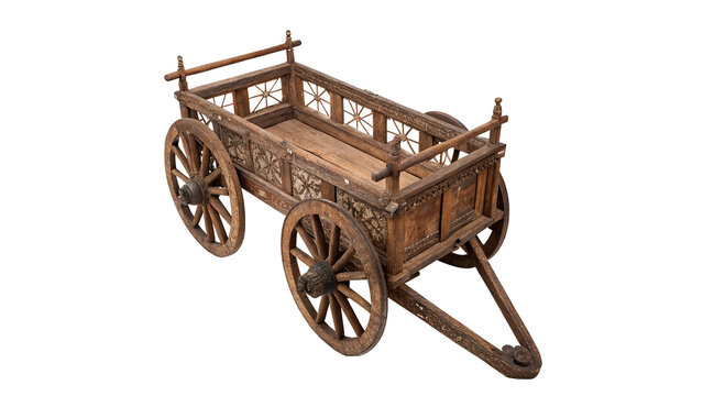 Vintage antique wooden horse cart traditional rustic farm transportation wagon isolated on transparent background cut out