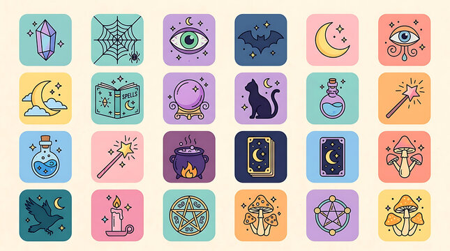 Set of mystic witchcraft and magic icons in flat style with witchcraft, esoteric