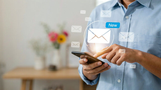 Man using smartphone to read and check new email messages with digital notification icons