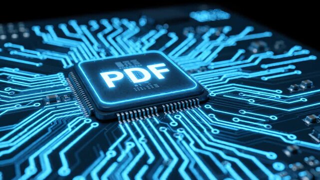 Glowing PDF Chip on Circuit Board &ndash; Digital Document Technology and Data Processing Concept