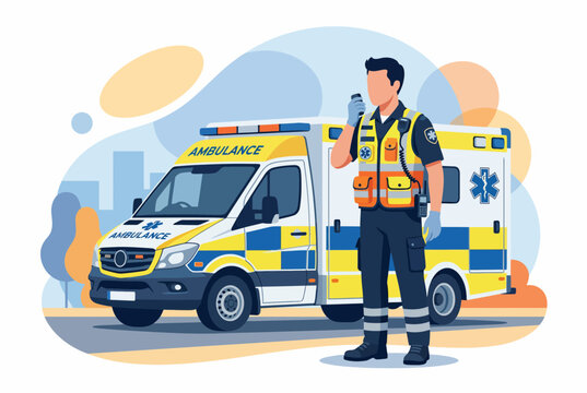 Paramedic Using Radio for Emergency Communication Near Ambulance