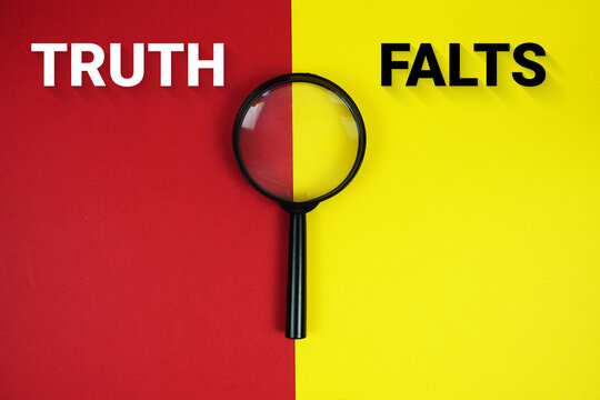 TRUTH OR FALTS text with magnifying glass on red and yellow  background