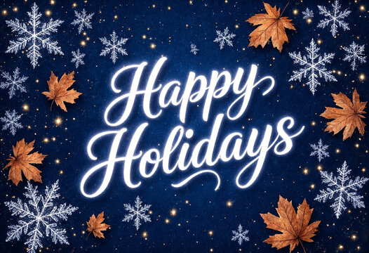 Beautiful happy holidays greeting card with elegant script snowflakes and autumn leaves design
