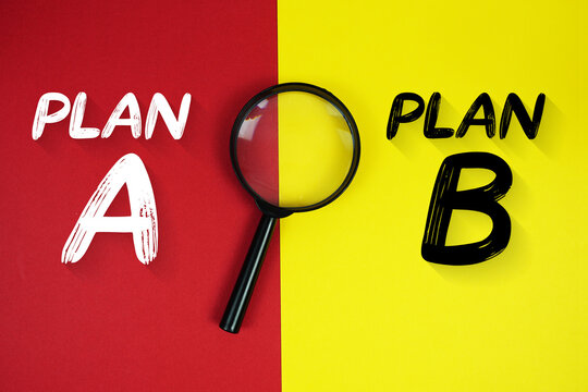 Plan A and Plan B text with magnifying glass on red and yellow  background