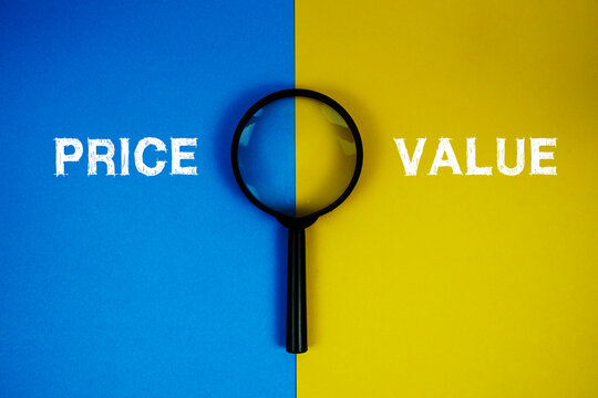 Magnifying glass with "Price vs Value" on yellow and blue background