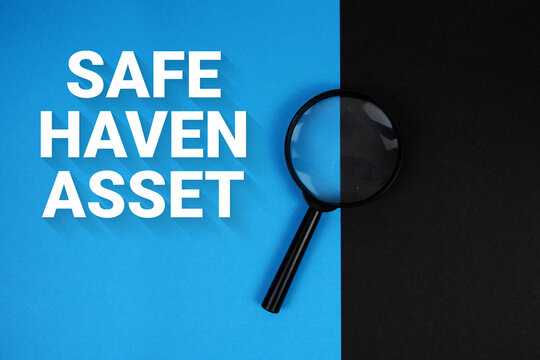 Safe Haven Asset text with magnifying glass on blue and yellow background
