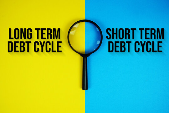 Magnifying glass with Long Term Debt Cycle vs Short Term Debt Cycle on yellow and blue background