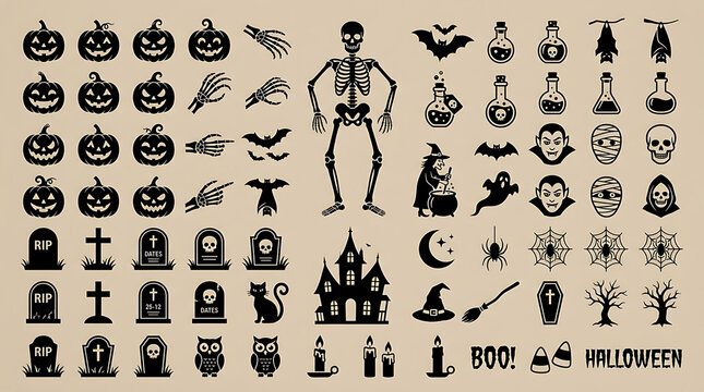 Black and white halloween icon set featuring skeletons and spooky elements