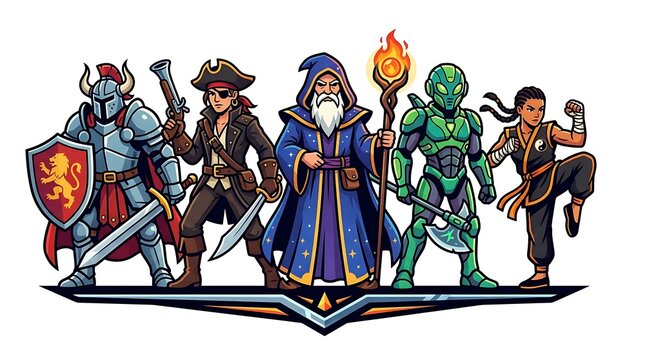 Diverse group of fantasy warriors including knight pirate wizard robot and martial artist standing together in vibrant colors on white background