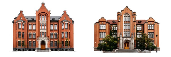 Fototapeta premium Red Brick University College Campus Buildings Set. PNG. Generated AI