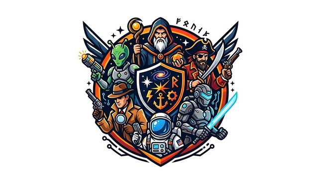 Vibrant illustrative emblem featuring diverse fictional characters like wizards pirates aliens and detectives arranged in a circular design on white background
