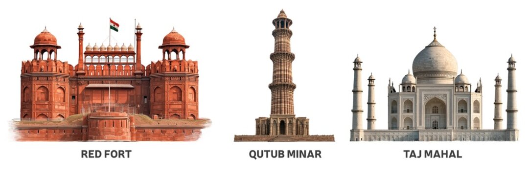 Red Fort Qutub Minar Taj Mahal India Set. PNG. Generated AI
