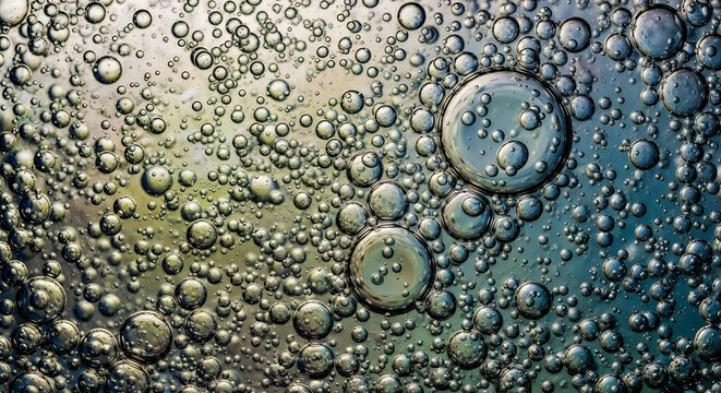 Microscopic view of bubbles and droplets in a liquid medium with varying densities