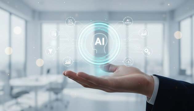 Human hand presenting holographic Ai interface with digital documents and search icons for enterprise information management