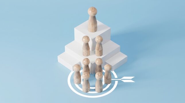 Wooden figures on pyramid steps showing leadership hierarchy, target arrow pointing to team base, business management, organizational structure visualization, career growth path