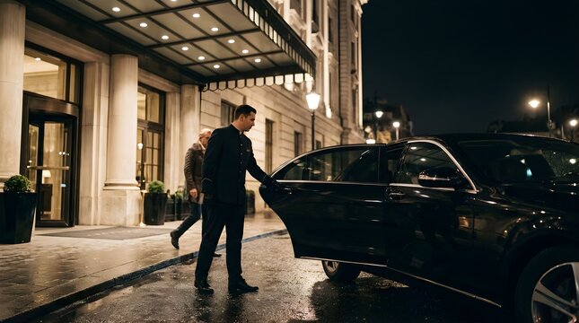 Hotel doorman opening car door for guest at luxury hotel entrance night