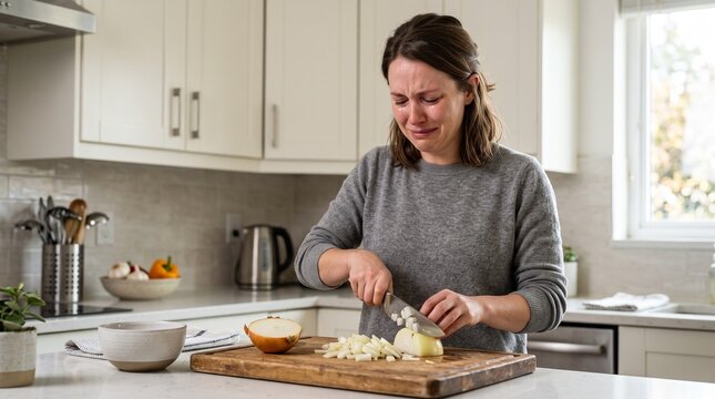Woman chopping onion in kitchen crying with tears during home cooking and meal preparation