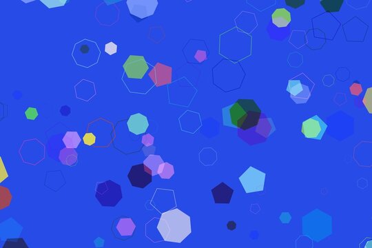 Colorful hexagons and shapes on blue background