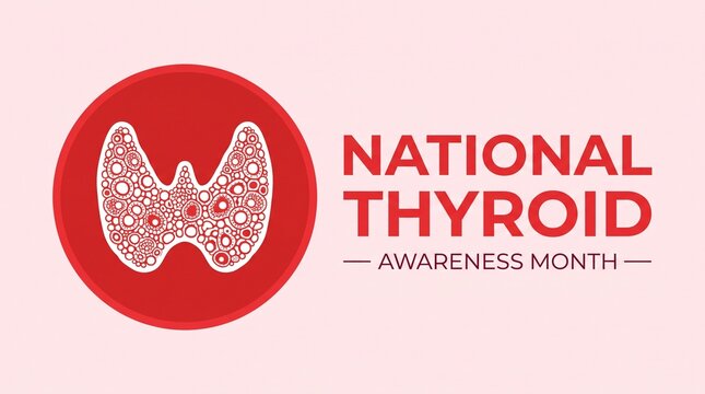 Thyroid gland illustration with circular red background and text overlay