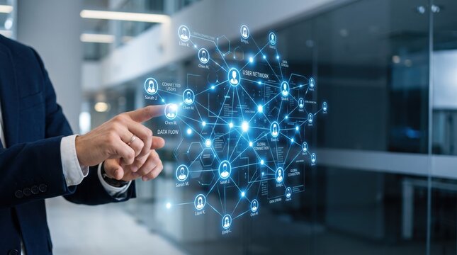 Man interacting with holographic user network graph, data flow visualization, social connection mapping, digital community structure, big data analytics, organizational chart