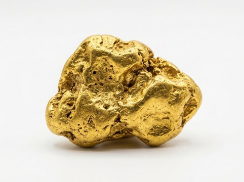 A shiny natural raw gold nugget with rough texture and bright yellow metallic surface
