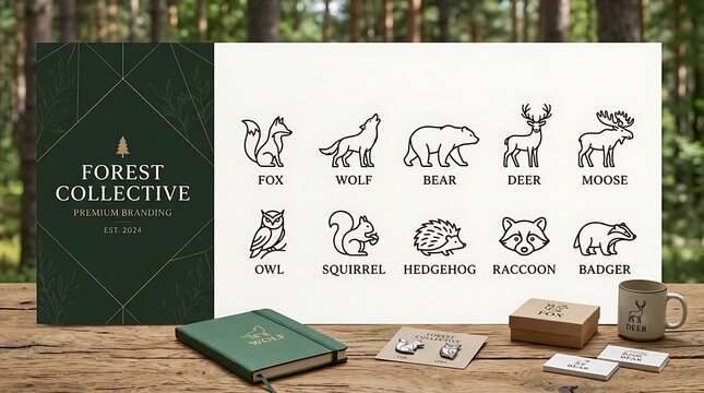 Forest collective branding kit featuring diverse wild animal line art icons displayed on professional stationery products set on white background