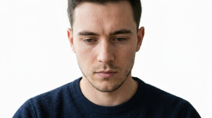 Obraz premium Close up portrait of a pensive young man looking down with a serious expression isolated against a plain white background for emotional concepts