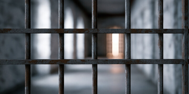 A close-up view of weathered prison bars, obscuring a dimly lit, long corridor with a faint light source at the end. The scene evokes feelings of confinement and despair