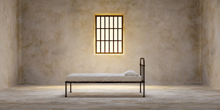 A stark prison cell with a single bed and a barred window. The room is dimly lit, emphasizing the isolation and confinement of the space
