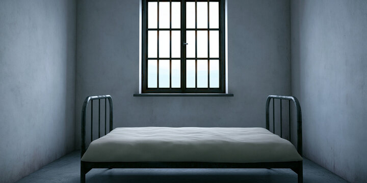 A stark prison cell with a barred window and a simple bed. The room is dimly lit, creating an atmosphere of isolation and confinement
