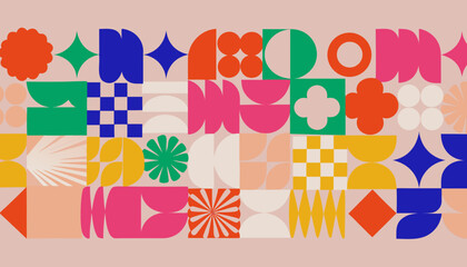 Obraz premium Colorful Retro Geometric Mosaic Pattern with Abstract Floral and Modular Shapes