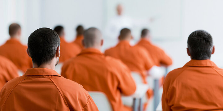 A group of inmates wearing orange jumpsuits sitting in a classroom facing a speaker