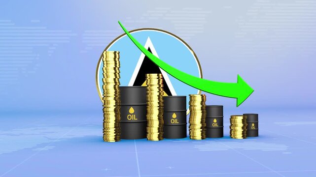 Saint Lucia Oil Prices Decline with Oil Barrels, Gold Coins and Downward Green Arrow, 3D Economic and Financial Market Concept